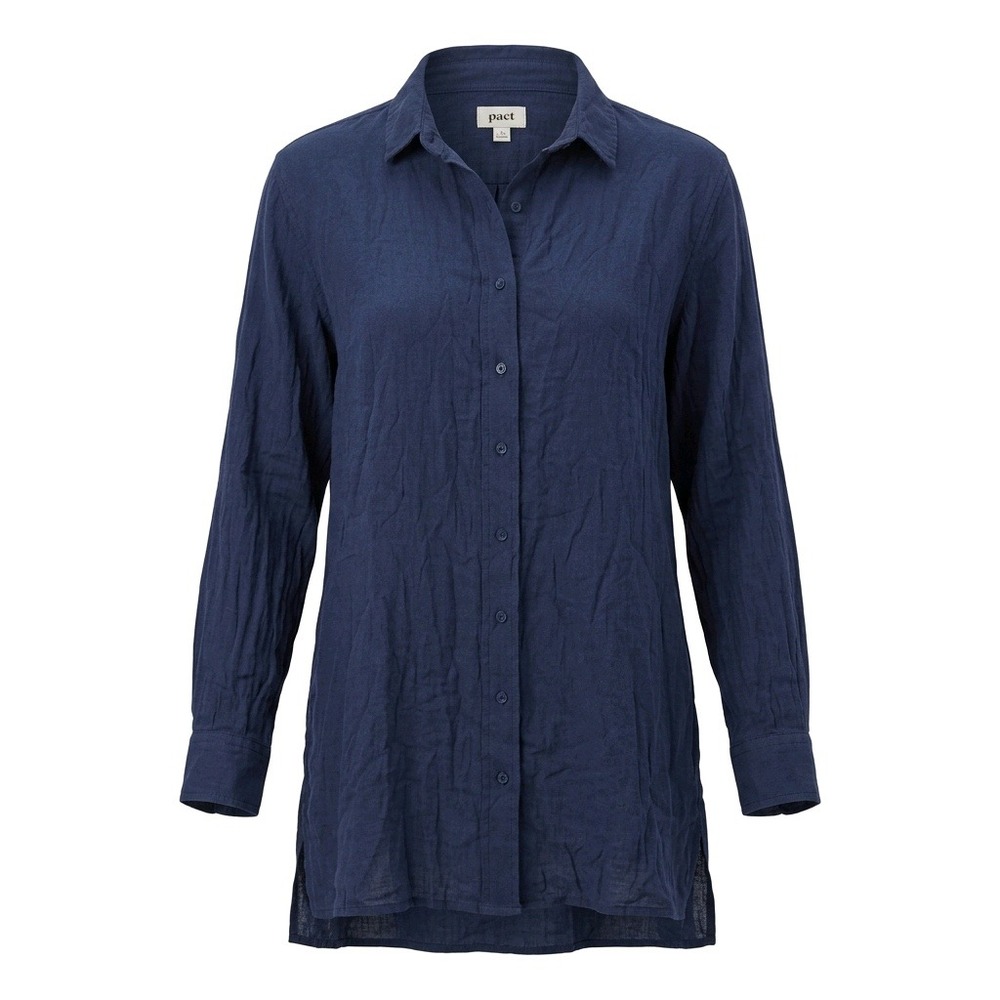 Pact Organic Cotton Gauze Button Down Tunic Shirt Navy Blue XS S Longline Boho